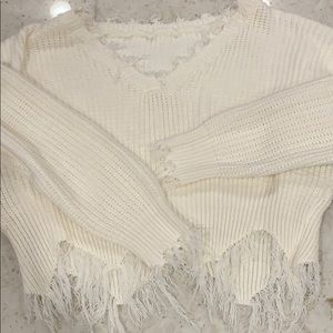 Cropped White Distressed Sweater